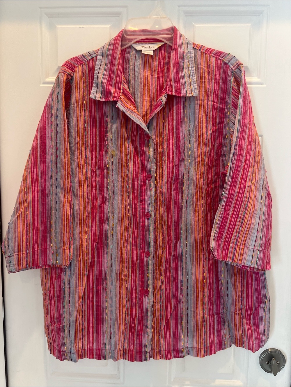 TanJay Button Up Blouse Shirt 3/4 Sleeve Striped Womens Size L Multicolor #952